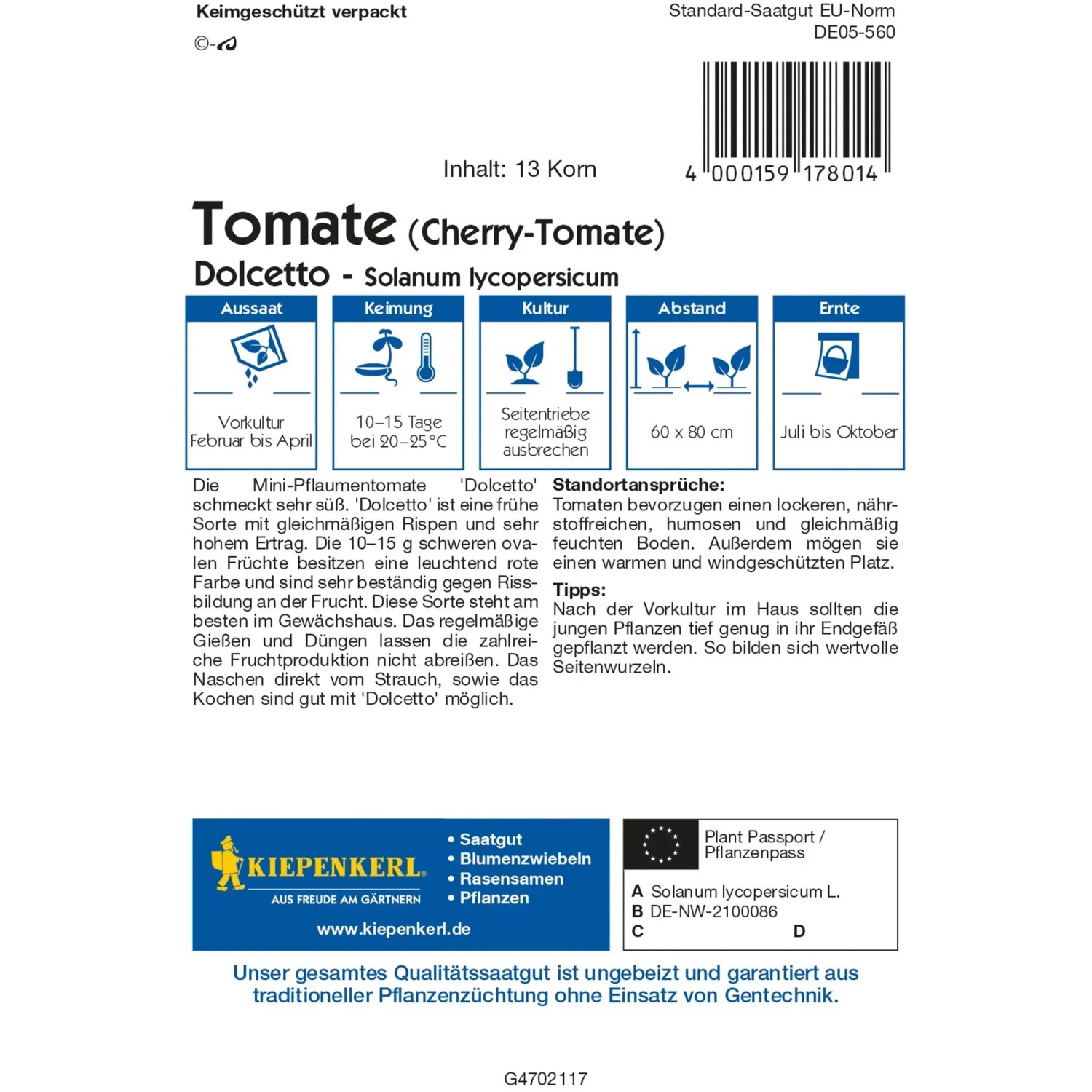 Kiepenkerl Cherry-Tomate Dolcetto F1-Hybride Samenpackung, rote Mini-Pflaumentomate.