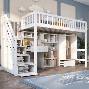 Merax Kinderbett 90 x 200 cm mit Schreibtisch Treppe Schrank Weiß