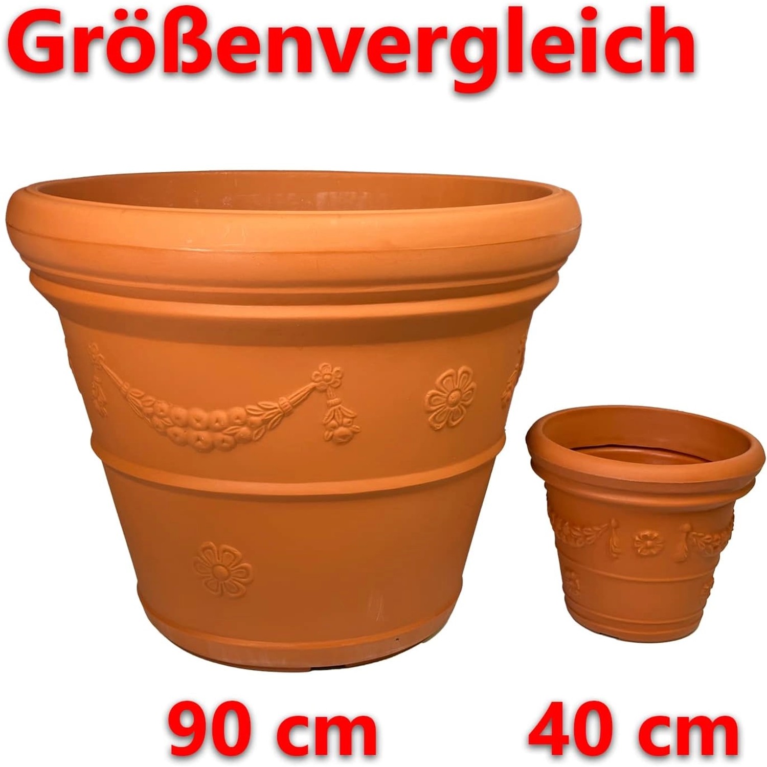 Mein-Pflanztopf Rom, Terrakotta, Größenvergleich: Zwei mediterrane Kunststoff-Blumentöpfe mit floralem Dekor.