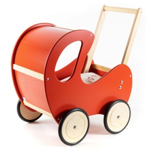 Roter HolzFee Lauflernwagen und Puppenwagen im Retro-Stil aus Holz mit Bettzeug. Große Holzräder mit Gummibereifung.