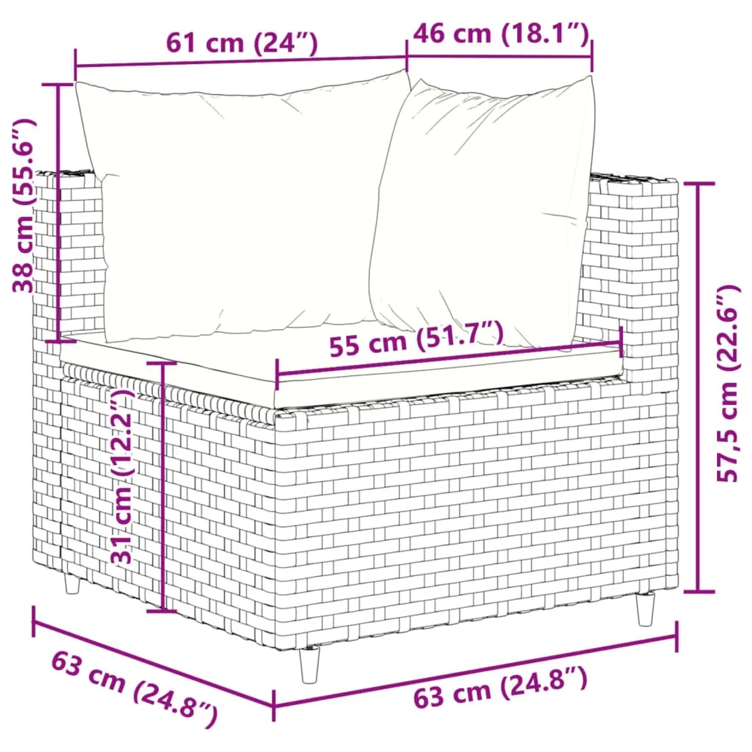 Skizze eines grauen Ecksofas aus Rattan der vidaXL 10-tlg. Garten-Sofagarnitur mit Maßangaben.