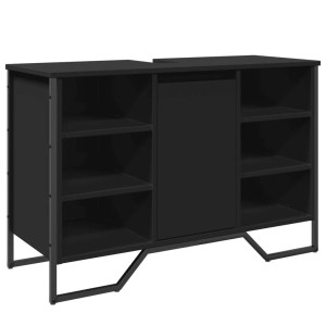 Schwarzer vidaXL Waschbeckenunterschrank aus Holzwerkstoff mit Metallbeinen, offenen Fächern und Tür. Für Badezimmer.
