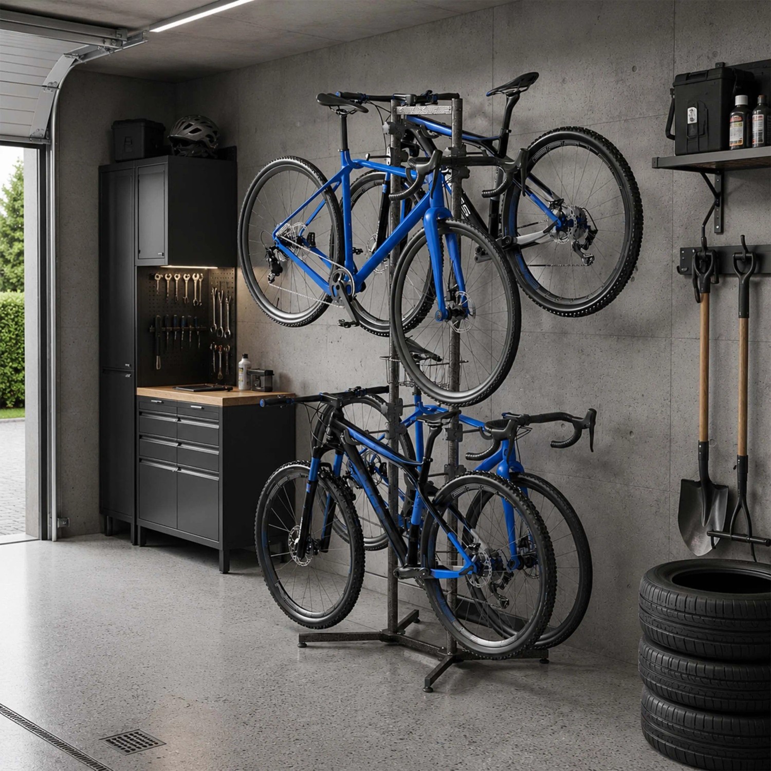 Freistehender Relaxdays Fahrradständer aus Stahl für 4 Fahrräder mit Korb in Garage. Ideal zur platzsparenden Aufbewahrung.