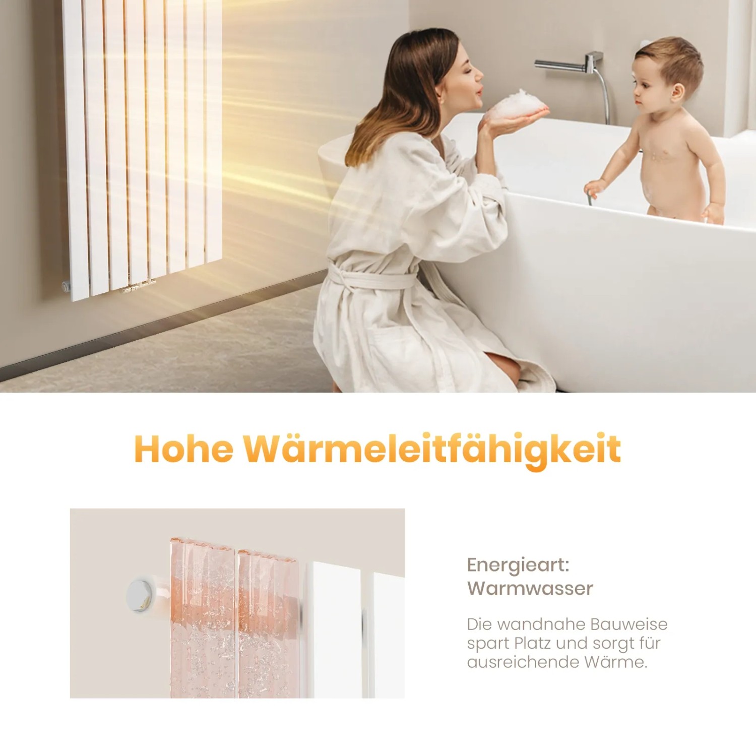 Weißer, vertikaler Emke Heizkörper (60x30cm) im Badezimmer mit Mutter und Kind in der Badewanne.