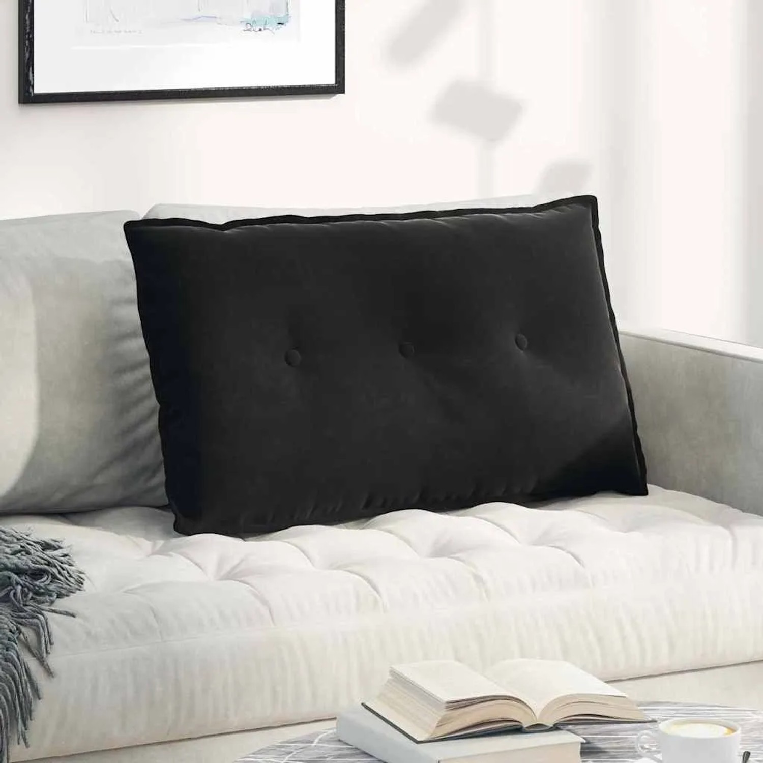 Schwarzes vidaXL Rückenkissen (80x50 cm) aus Cordstoff mit drei Knöpfen.