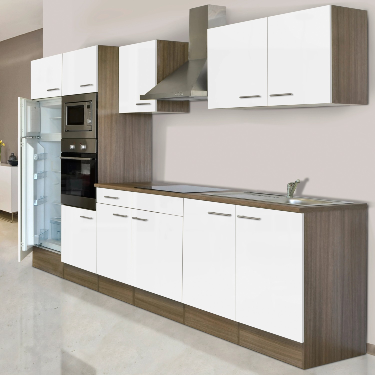 Respekta Küchenzeile 330cm in Weiß Seidenglanz und Eiche York Optik mit E-Geräten.