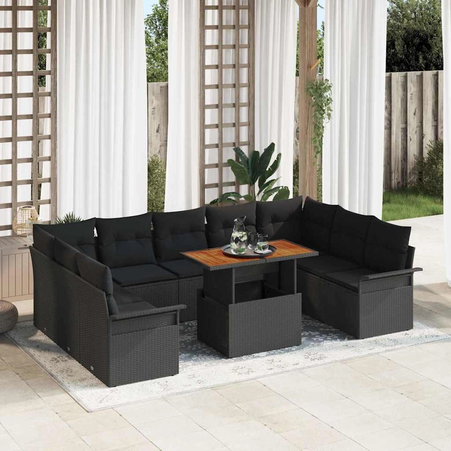 Schwarzes 10-teiliges Garten-Sofa-Set mit Stauraum aus Poly Rattan von vidaXL.