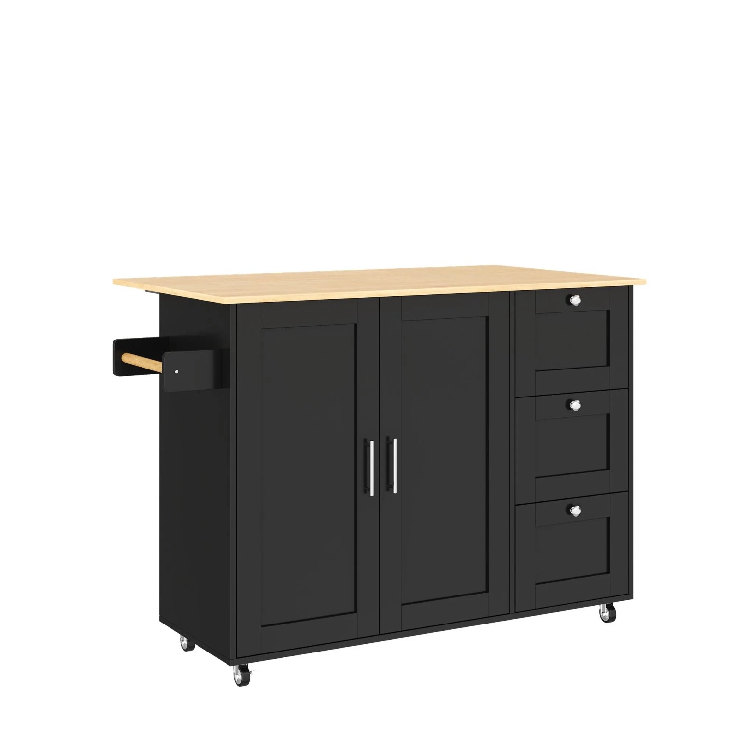 okwish Kücheninsel mit Klappbarer Arbeitsplatte 3 Schubladen 135x44-70x90cm Schwarz