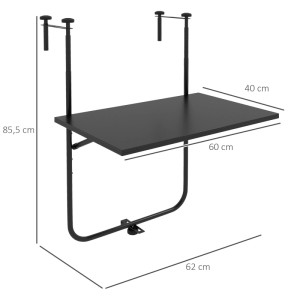 Schwarzer Outsunny Balkonhängetisch aus Metall, verstellbar, 62x60x85,5 cm. Ideal für kleine Balkone.
