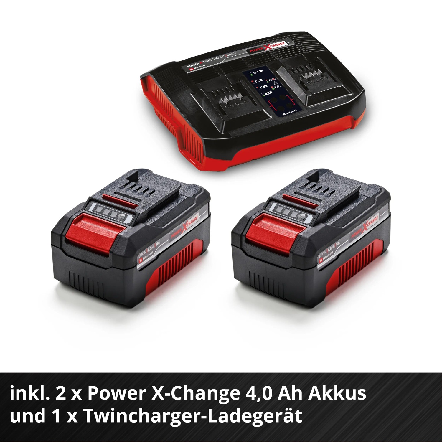 Einhell Power X-Change Akkus (2 Stk.) 4,0 Ah mit Twincharger Ladegerät.