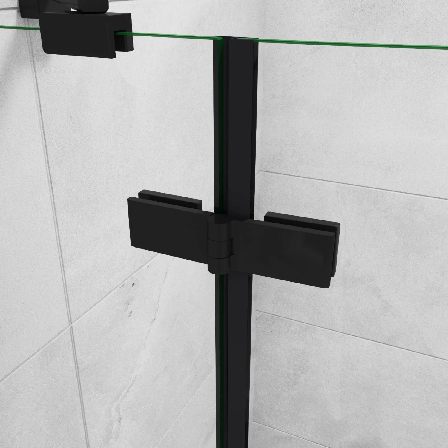 Detail der schwarzen AICA Runddusche: Aluminiumrahmen, Scharniere und 6mm ESG Sicherheitsglas. Duschkabine.
