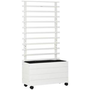 Weißes Outsunny Hochbeet aus Tannenholz mit Spalier und Rollen. Mobiler Pflanzkasten für Garten und Balkon.