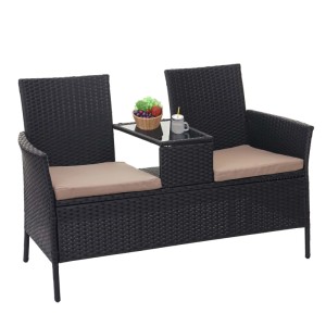 MCW Poly-Rattan Sitzbank schwarz mit integriertem Glastisch, Armlehnen und cremefarbenen Kissen. Gartenmöbel.
