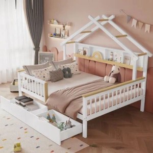 Weißes Kinderbett 140x200 cm aus Kiefernholz mit Hausdach, Schutzgitter, Ablagefach und zwei Schubladen.