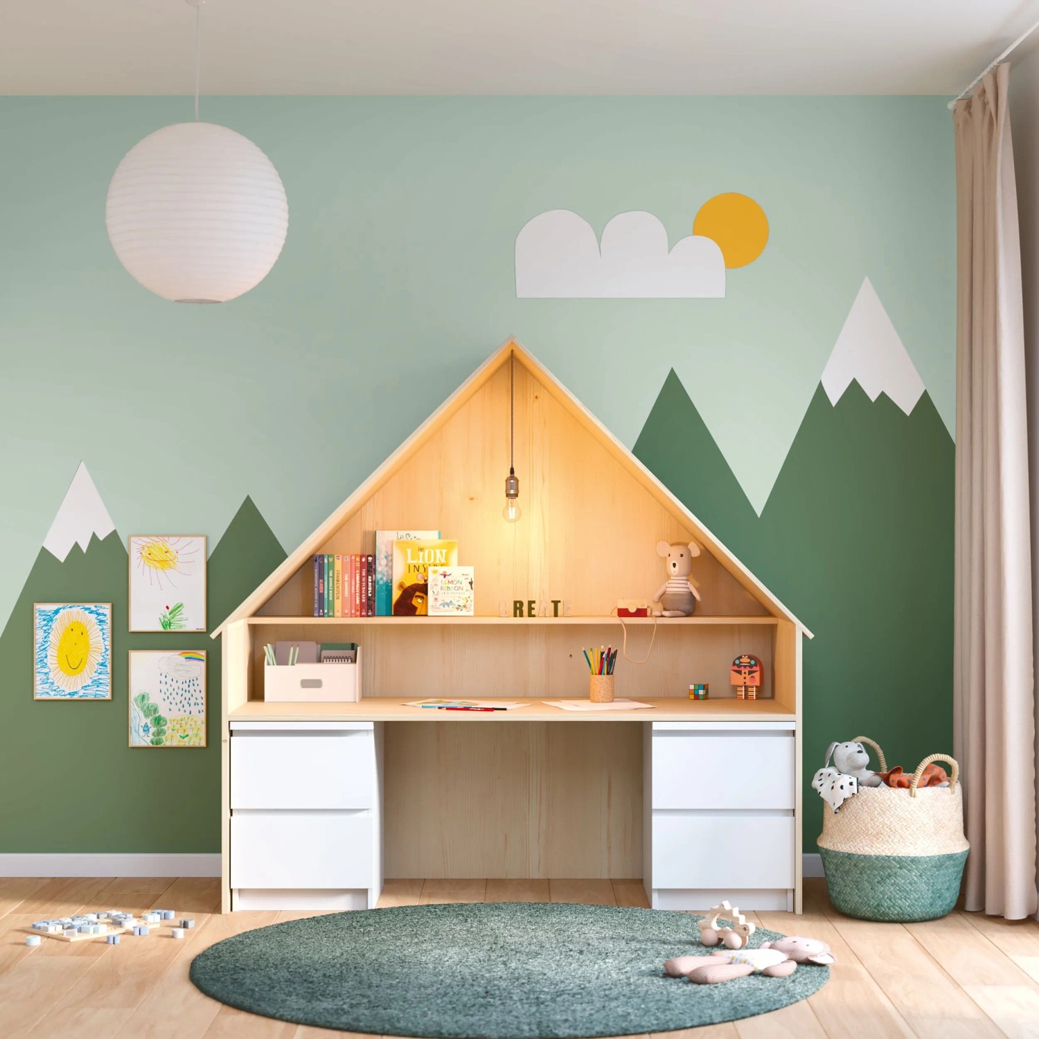 Kinderzimmer mit jadegrüner Wandfarbe, Schreibtisch in Hausform und passendem Teppich.