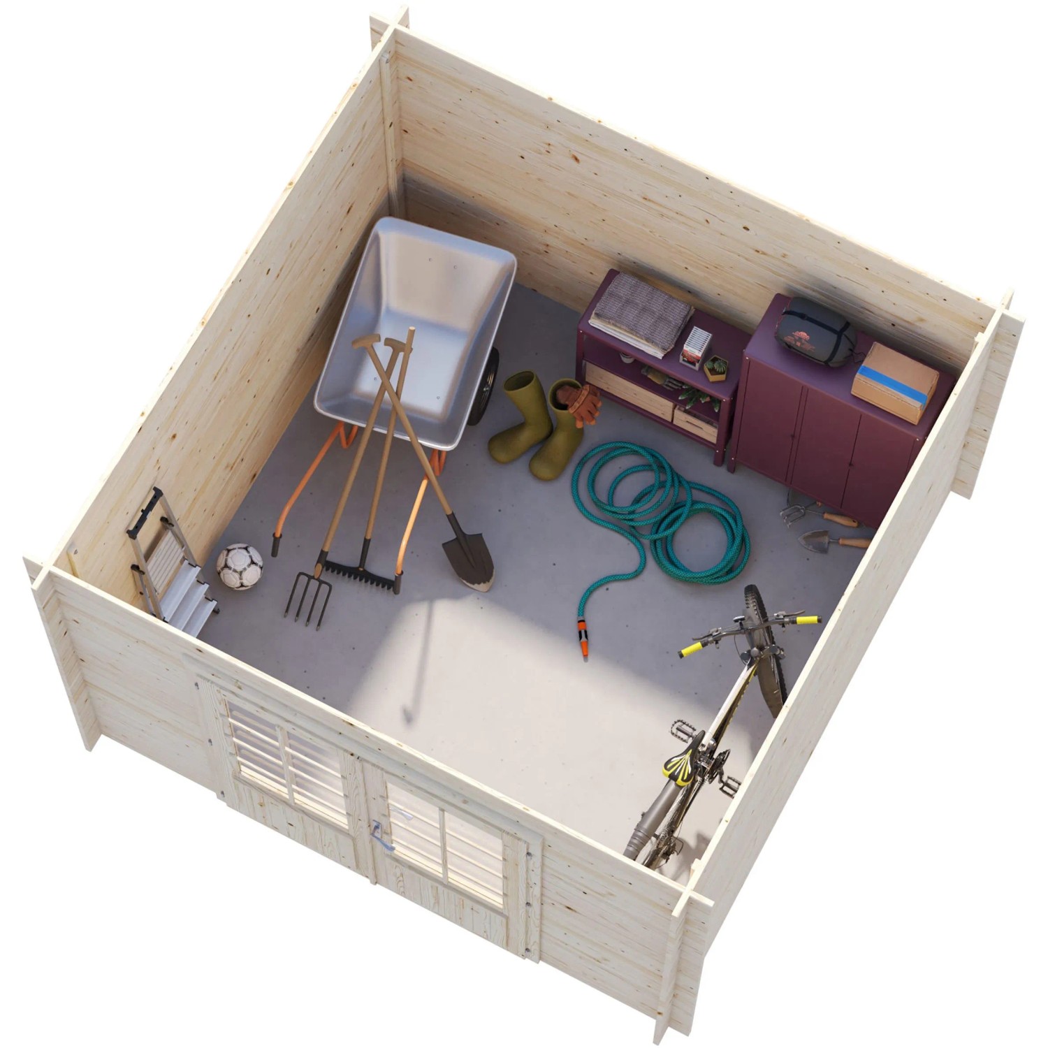 Innenansicht Palmako Gartenhaus Ella (300x300 cm): Geräte, Schubkarre, Fahrrad. Holz-Gartenhaus mit grau-weißer Lackierung.