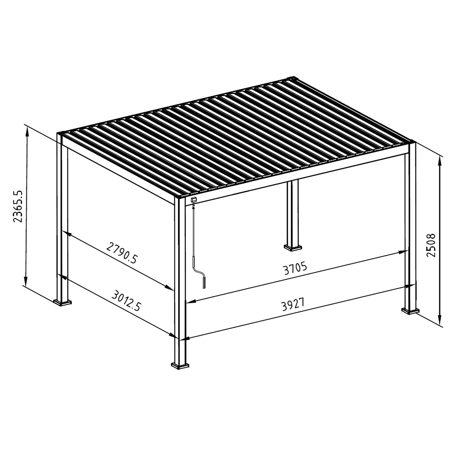 Technische Zeichnung der hellgrauen Mirador Pergola 111 Deluxe 3x4m mit Maßen.