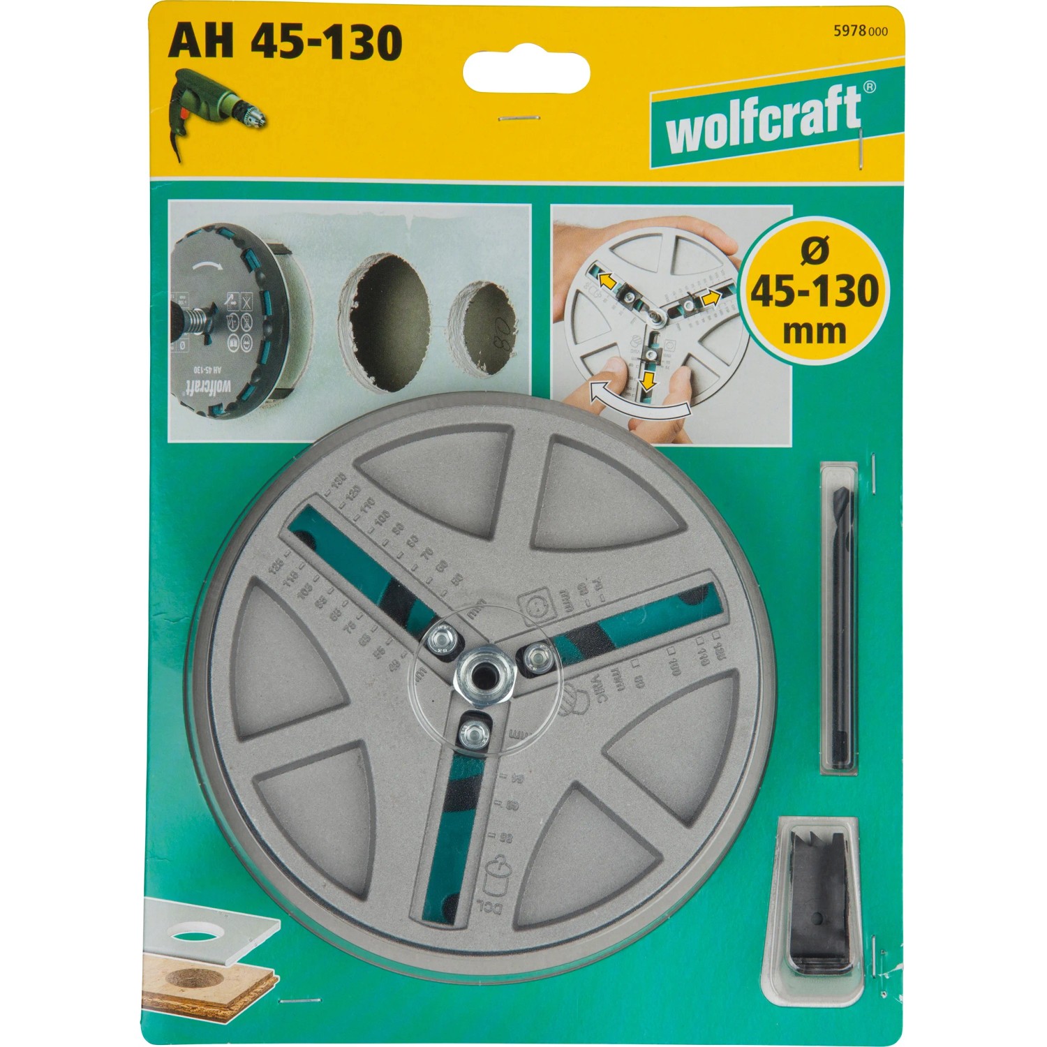 Wolfcraft Lochsäge AH 45-130 verstellbar für präzise Lochbohrungen in Trockenbau und Holz.
