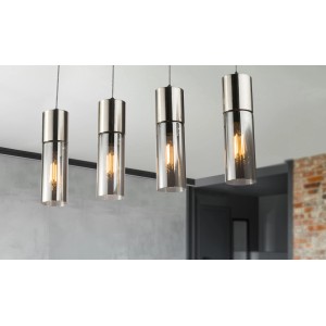 Globo Pendelleuchte Annika, Nickel matt, Rauchglas, 4-flammig. Moderne Hängeleuchte für Esszimmer und Wohnbereich.