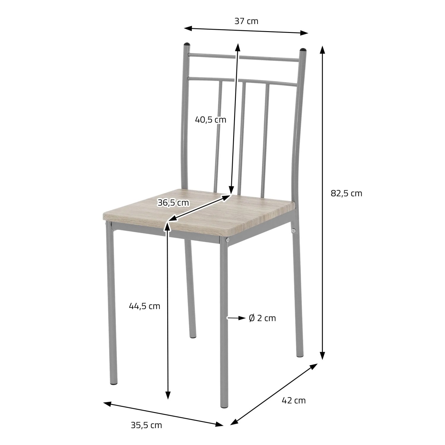 ML-Design Stuhl der Essgruppe, Eiche hell, Metallgestell, mit Maßangaben