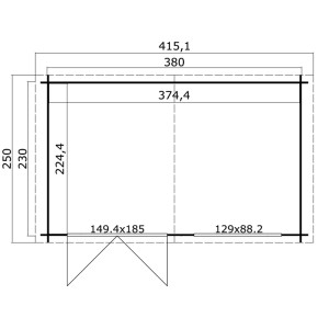 Grundriss Lasita Gartenhaus Axel 230, 380x230 cm, naturbelassen, mit Maßangaben für Fenster und Türen.