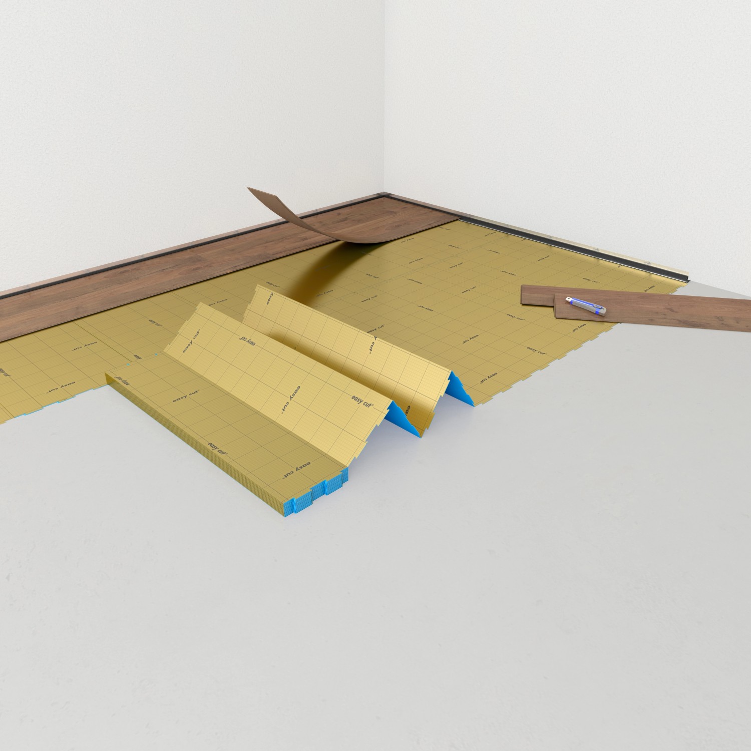 Verlegung der Selitbloc® GripTec Trittschalldämmung unter einem Holzboden. Goldene Dämmplatten mit blauem Rand.