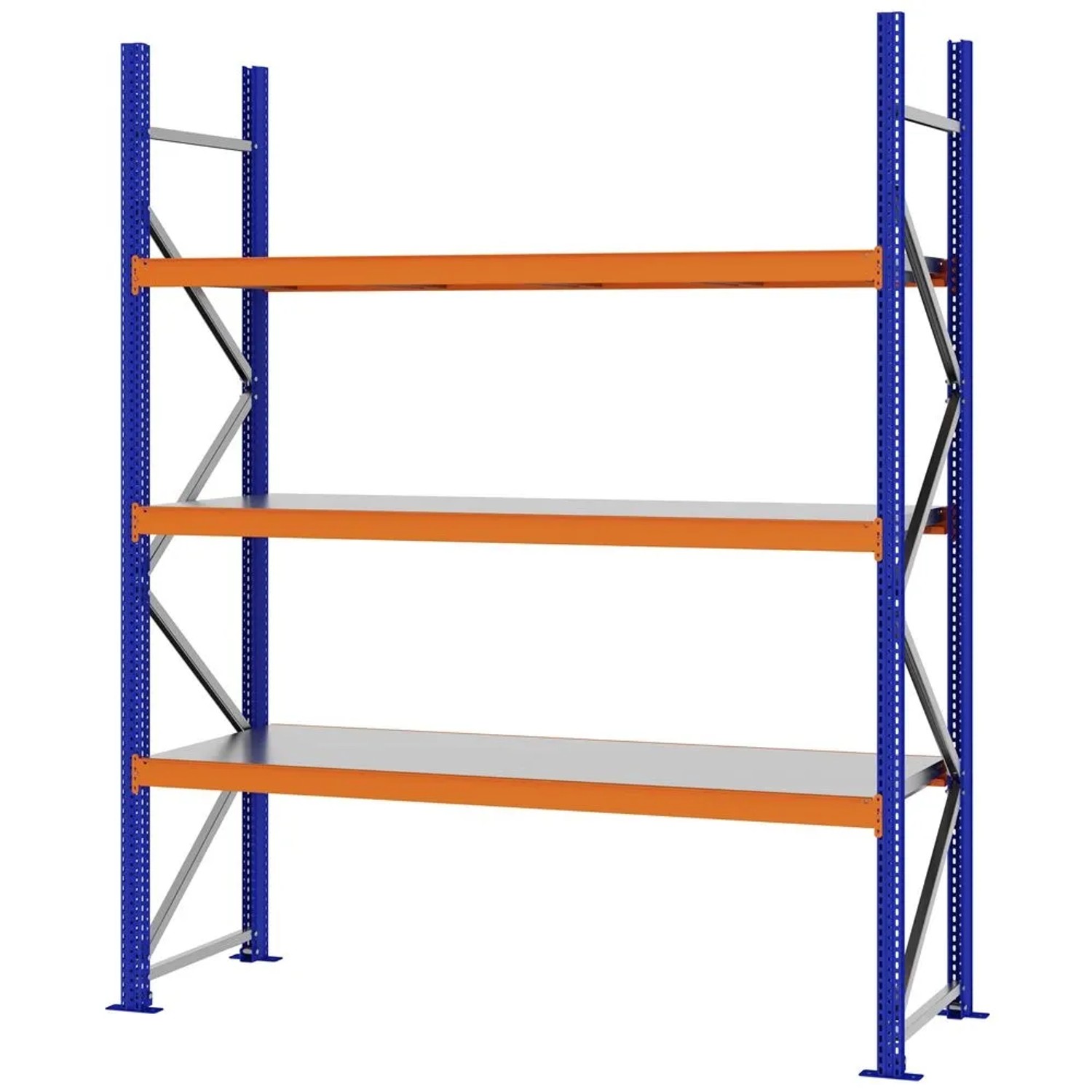PROREGAL Weitspannregal Schraub-Stecksystem MAGNUS PRO Made In Germany Grundregal 250x200x60cm 3 Ebenen Stahlböden Fachlast 600kg Blau/Orange