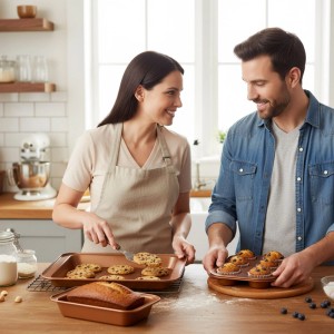 Kupferfarbenes Relaxdays Backformen Set mit Muffins, Keksen und Kuchen in der Küche.