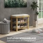 HOMCOM Schuhbank aus Bambus mit cremeweißer Sitzfläche und zwei Ablagen für Schuhe.