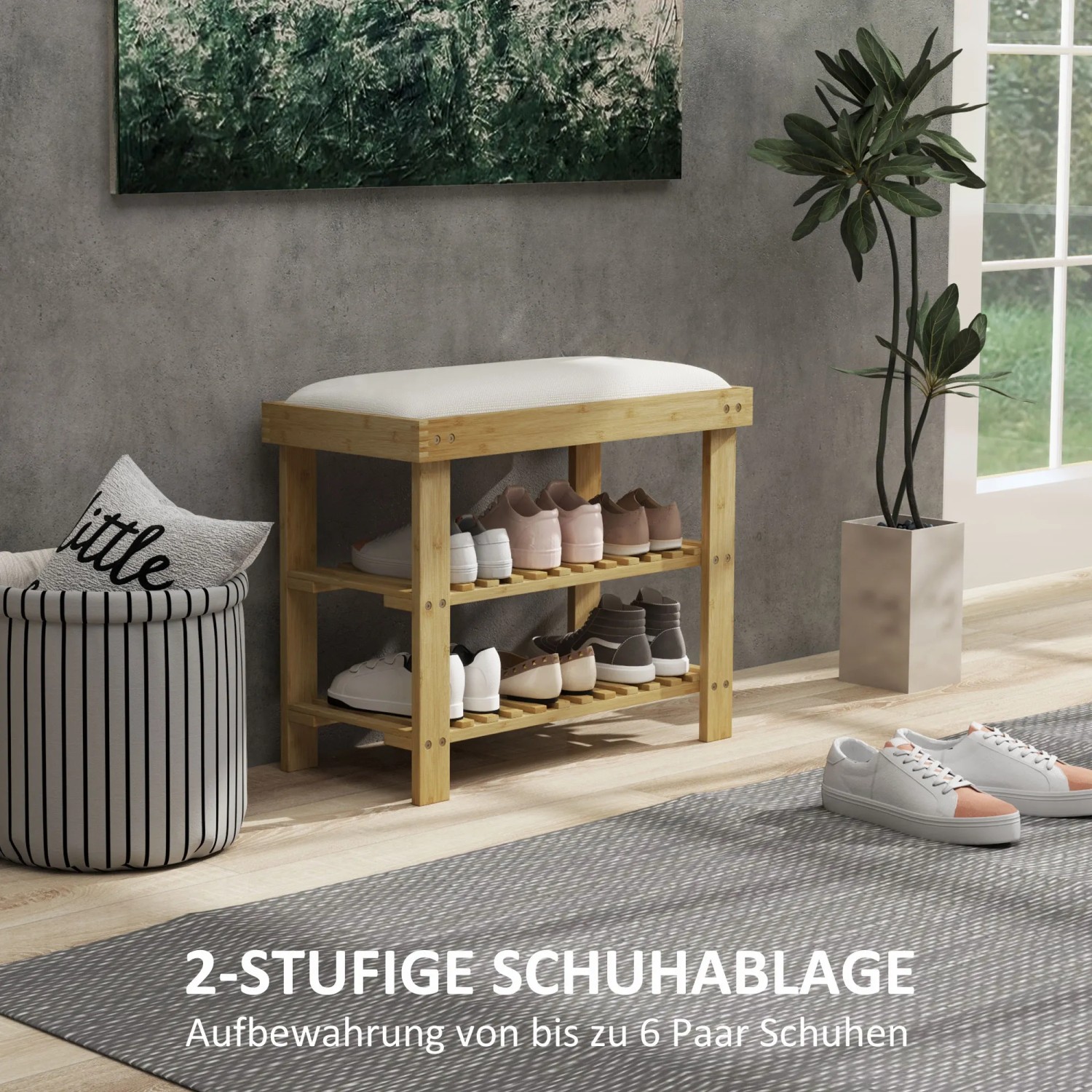 HOMCOM Schuhbank aus Bambus mit cremeweißer Sitzfläche und zwei Ablagen für Schuhe.