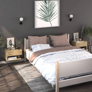 Zwei Wand-Nachttische in Sonoma-Eiche neben einem Bett in einem Schlafzimmer.