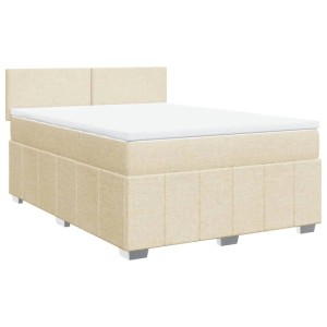 Cremefarbenes vidaXL Boxspringbett 160x200 cm aus Stoff mit gepolstertem Kopfteil und Matratze.