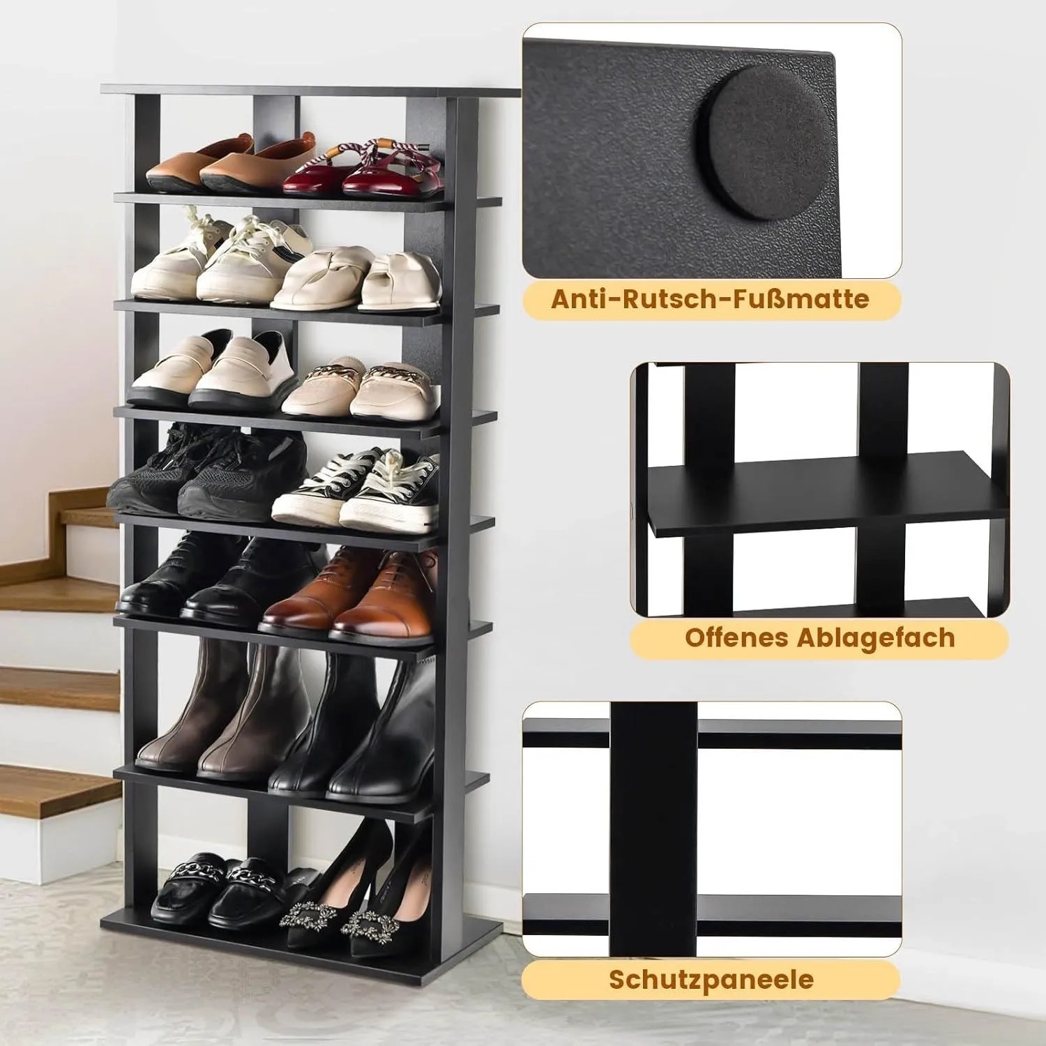 Costway Schuhregal mit 8 Stufen, höhenverstellbar, aus Holz, schwarz, für bis zu 14 Paar Schuhe.
