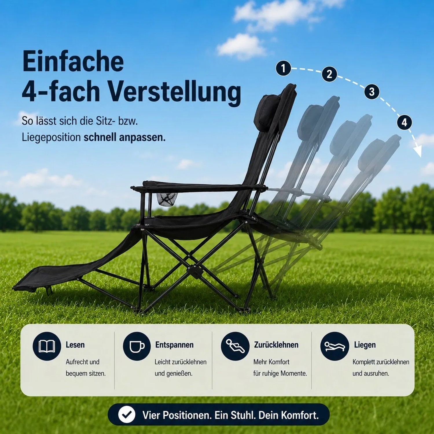 BigDean Verstellbarer Campingstuhl mit Fußablage Campingstuhl Faltbar Outdoor Relaxsessel mit Hoher Rückenlehne Getränkehalter & Tragetasche_4
