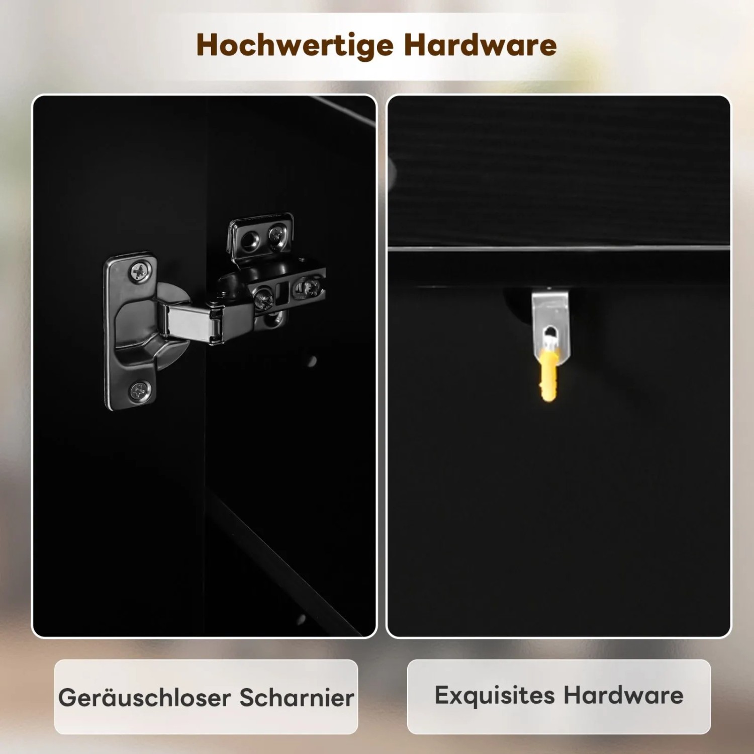 Hochwertige Beschläge des PXloue Schuhschranks: Detail von leisem Scharnier und Regalhalterung in Schwarz.
