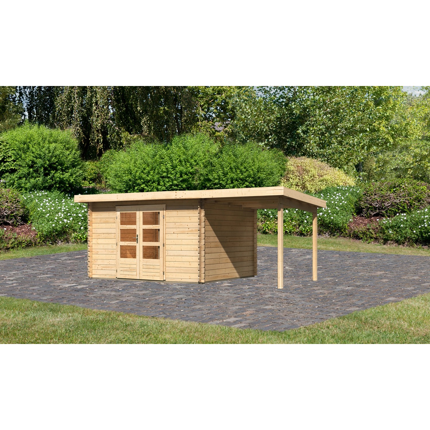 Karibu Holz-Gartenhaus Ängelholm Natur Pultdach Unbehandelt 340 cm x 280 cm günstig online kaufen