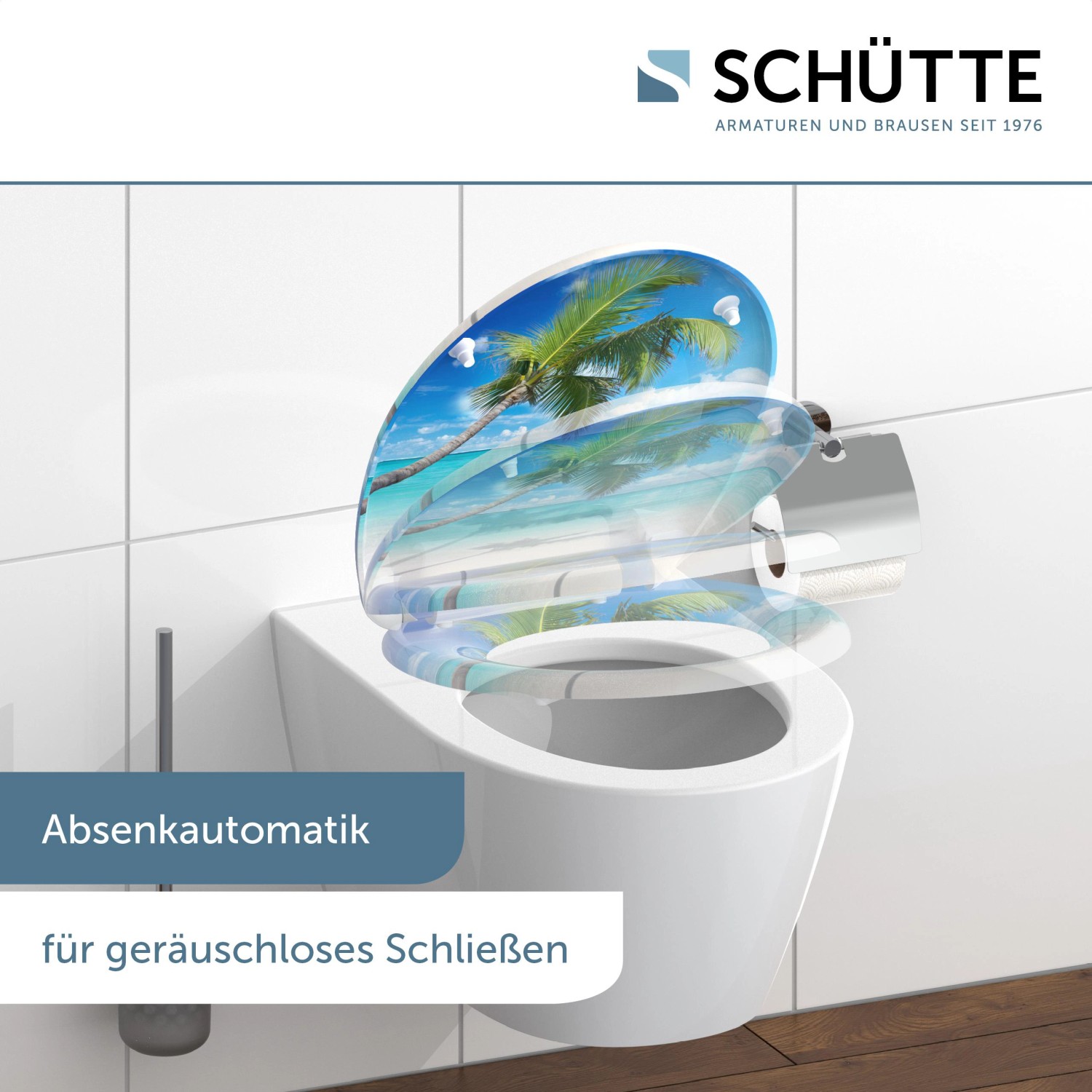 Schütte WC-Sitz Carribean mit Strandmotiv, Absenkautomatik und Schnellverschluss auf WC-Becken.