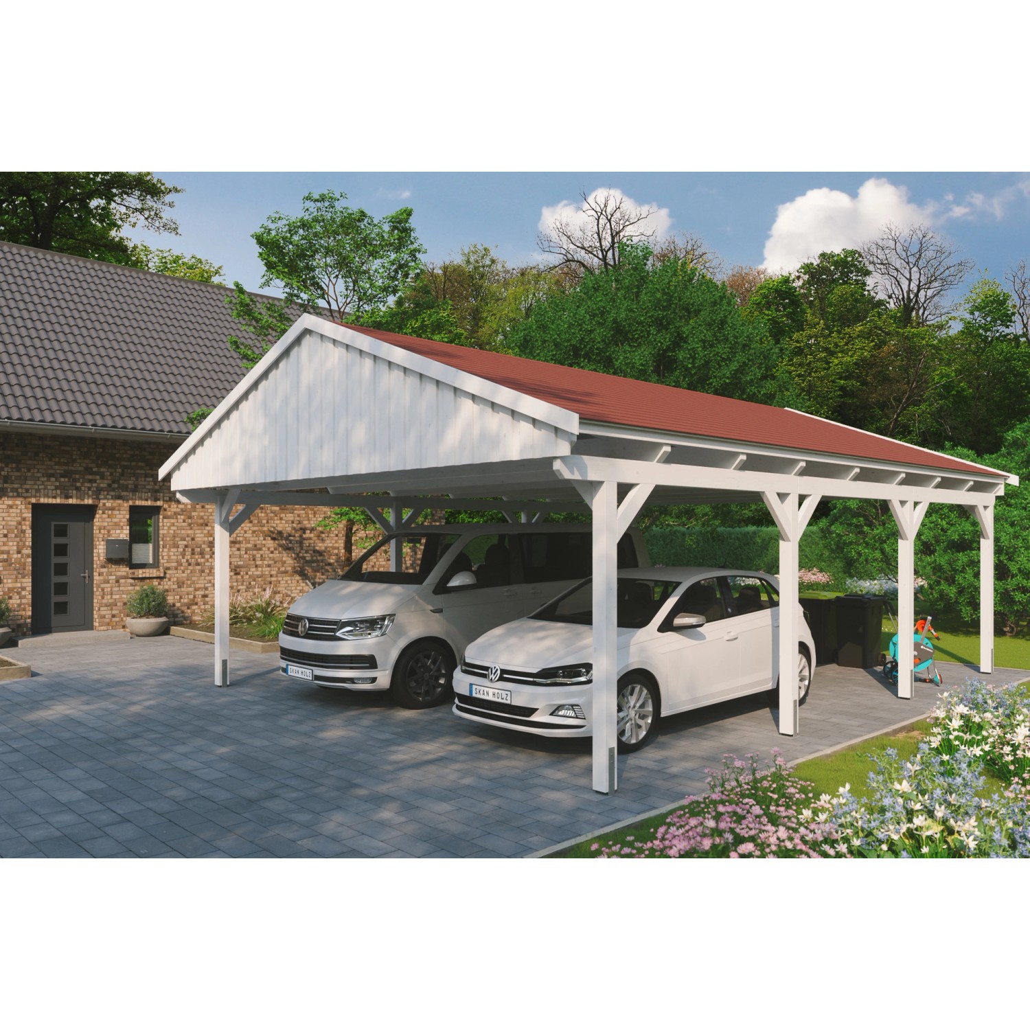 Skan Holz Carport Fichtelberg 618 cm x 808 cm Rote Schindeln Weiß günstig online kaufen