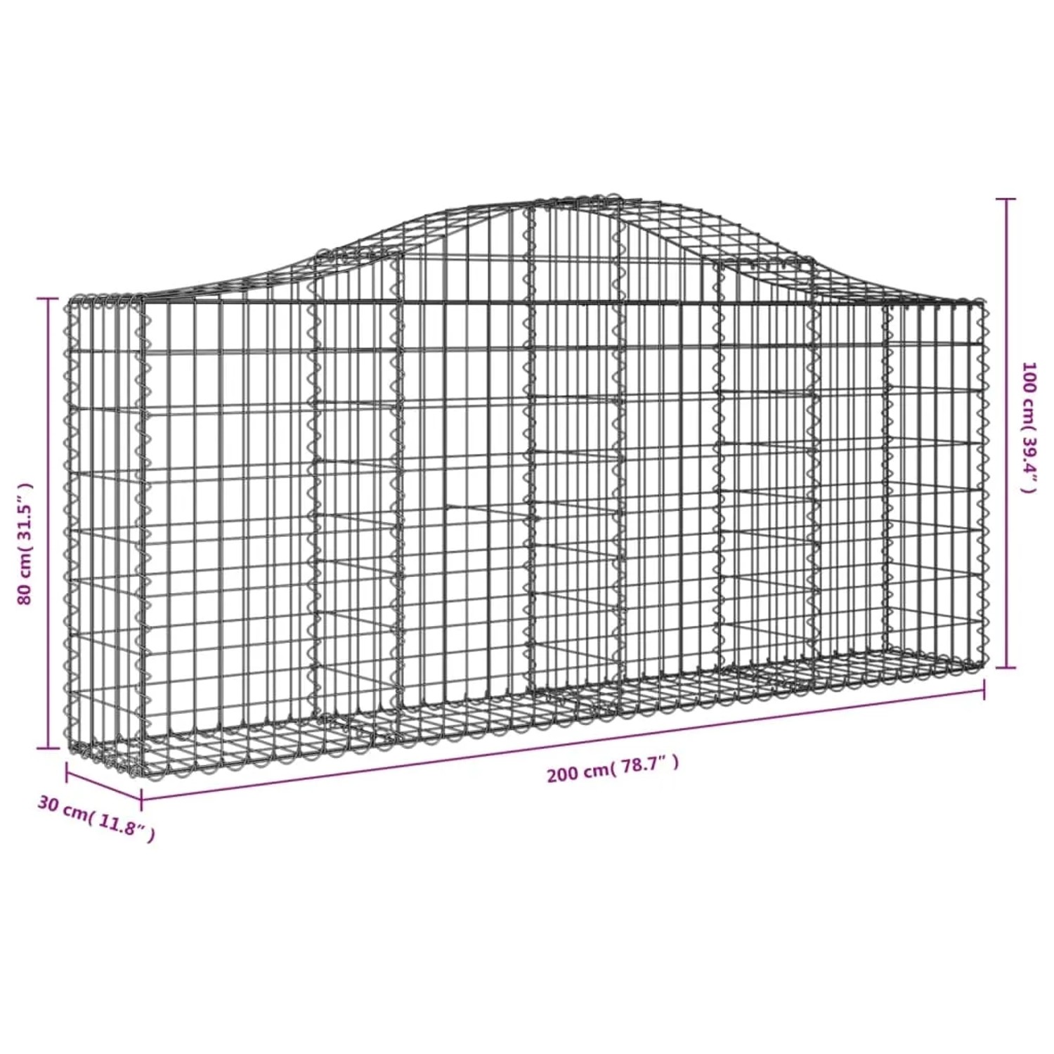 4er Set vidaXL Gabionen mit Hochbogen, 200x30x80/100 cm, aus verzinktem Eisen.