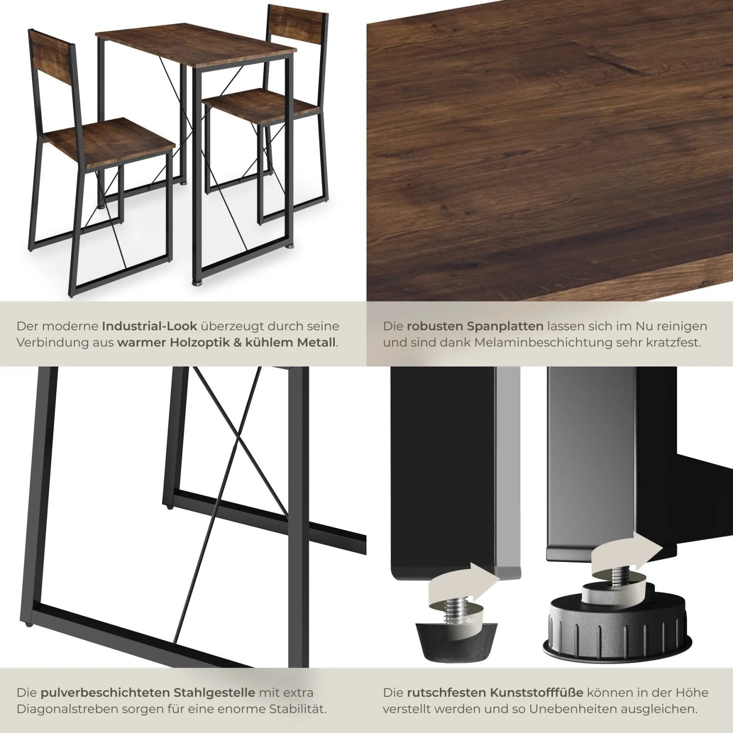Tectake Sitzgruppe Margate 3 Teilig Esstisch Mit 2 Stühlen  138 x 80 x 90 cm Industrial Holz Dunkel  Rustikal_5