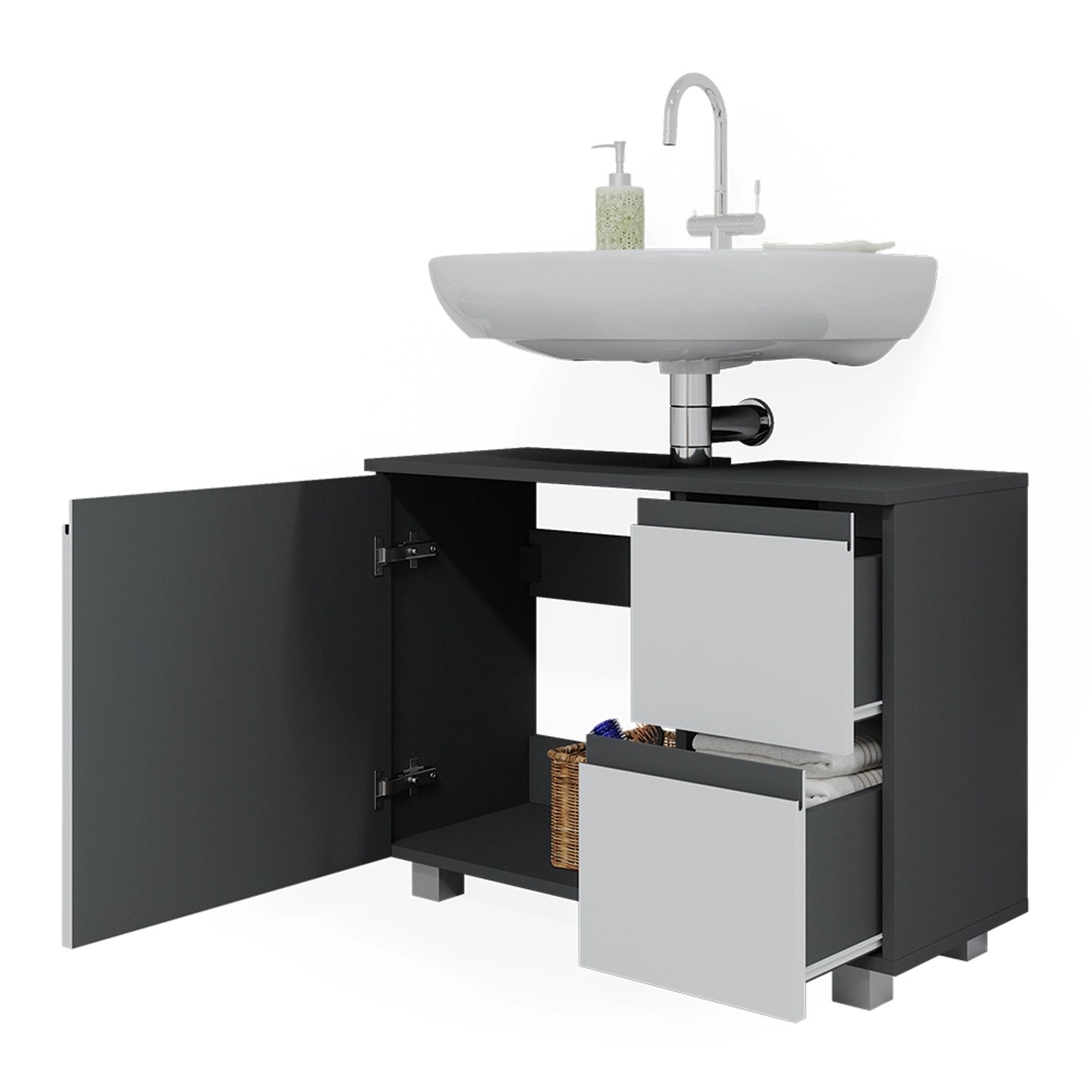 Vicco Waschbeckenunterschrank J-Shape, weiß/anthrazit, mit Tür und Schubladen.