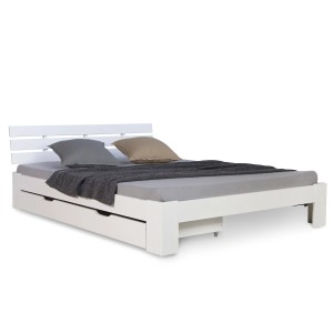 Weißes Holzbett 140x200 mit Bettkasten und Lattenrost. Homestyle4u Bett für Schlafzimmer oder Jugendzimmer.