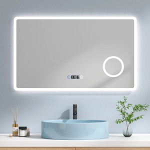Rechteckiger Emke Badspiegel 100x60 cm mit LED-Beleuchtung, Uhr und 3-fach Vergrößerung.