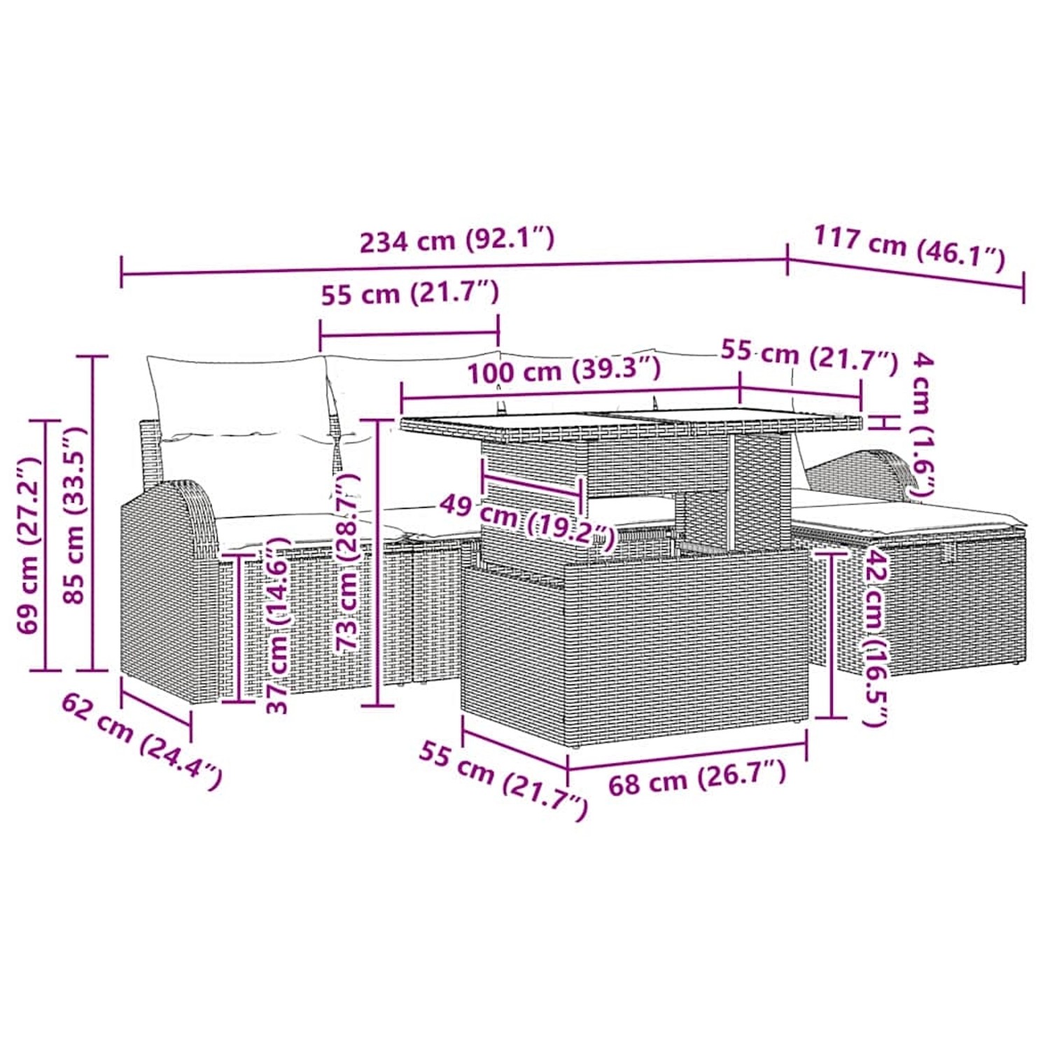vidaXL Gartenmöbel-Set, 6-teilig, beige Poly Rattan, mit Maßen. Ideal für Terrasse und Garten.