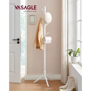 Weißer Vasagle Kleiderständer aus Massivholz mit Haken für Jacken, Hüte und Taschen.