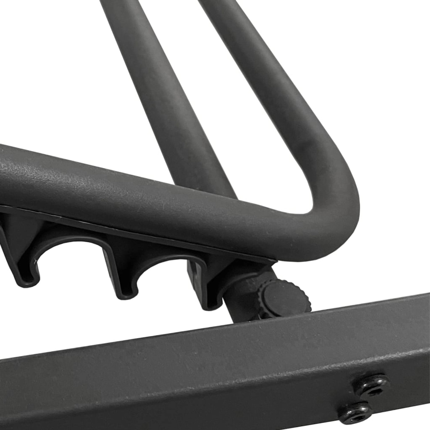 Detailaufnahme: Anthrazitfarbene Doppel-Sonnenliege mit Vorhängen und Baldachin, Fokus auf Rahmen und Befestigung.