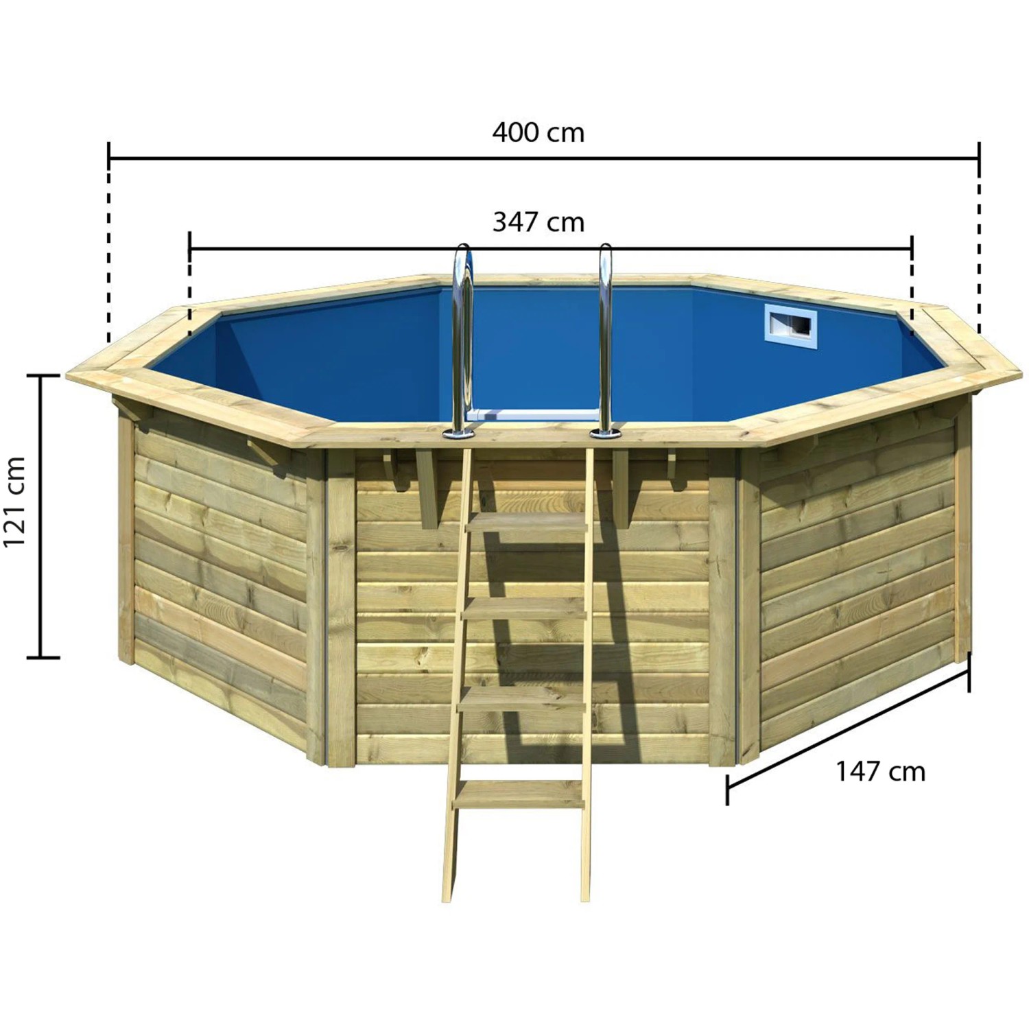 Karibu Holzpool Modell 1 Set mit Leiter und Filteranlage, Außenansicht mit Maßangaben.