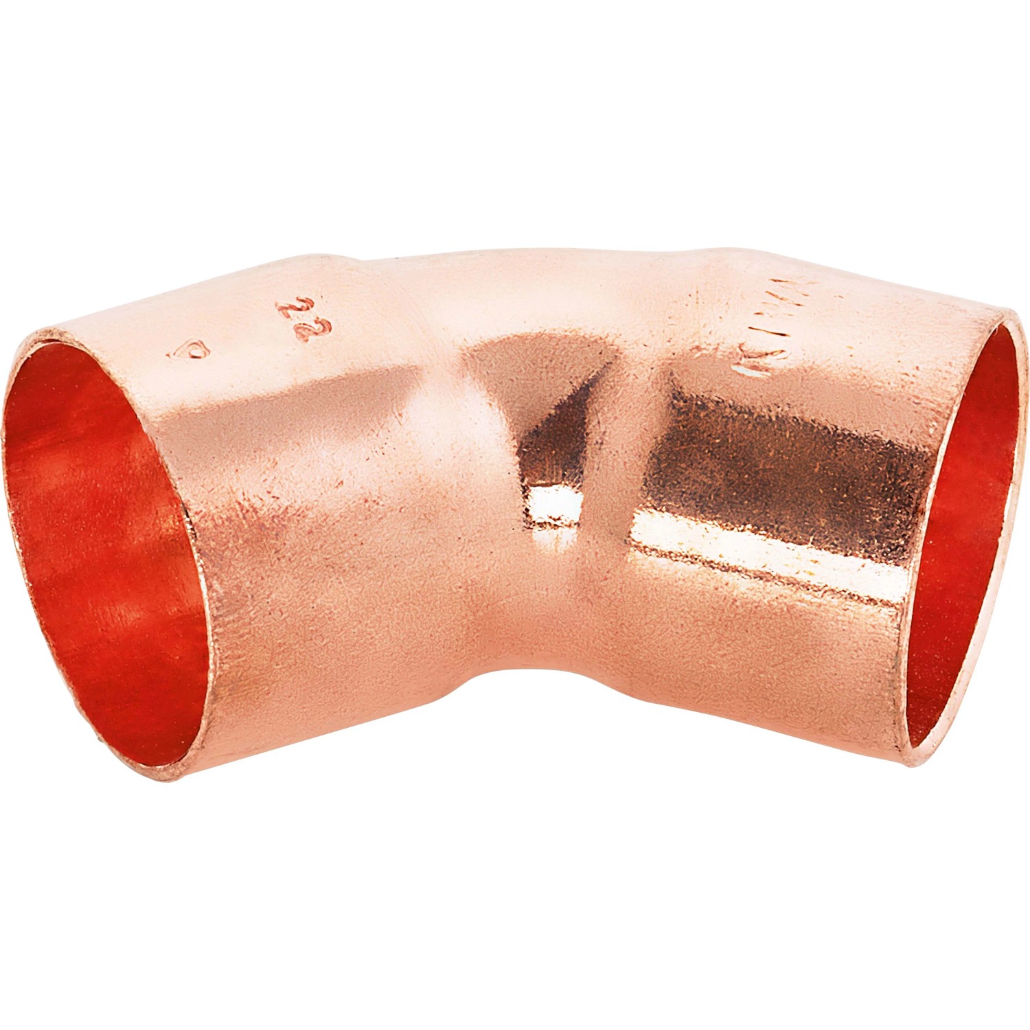 Kupfer Löt-Bogen Ø 22 mm, 45 Grad Winkel, zum dauerhaften Verbinden von Kupferrohren.