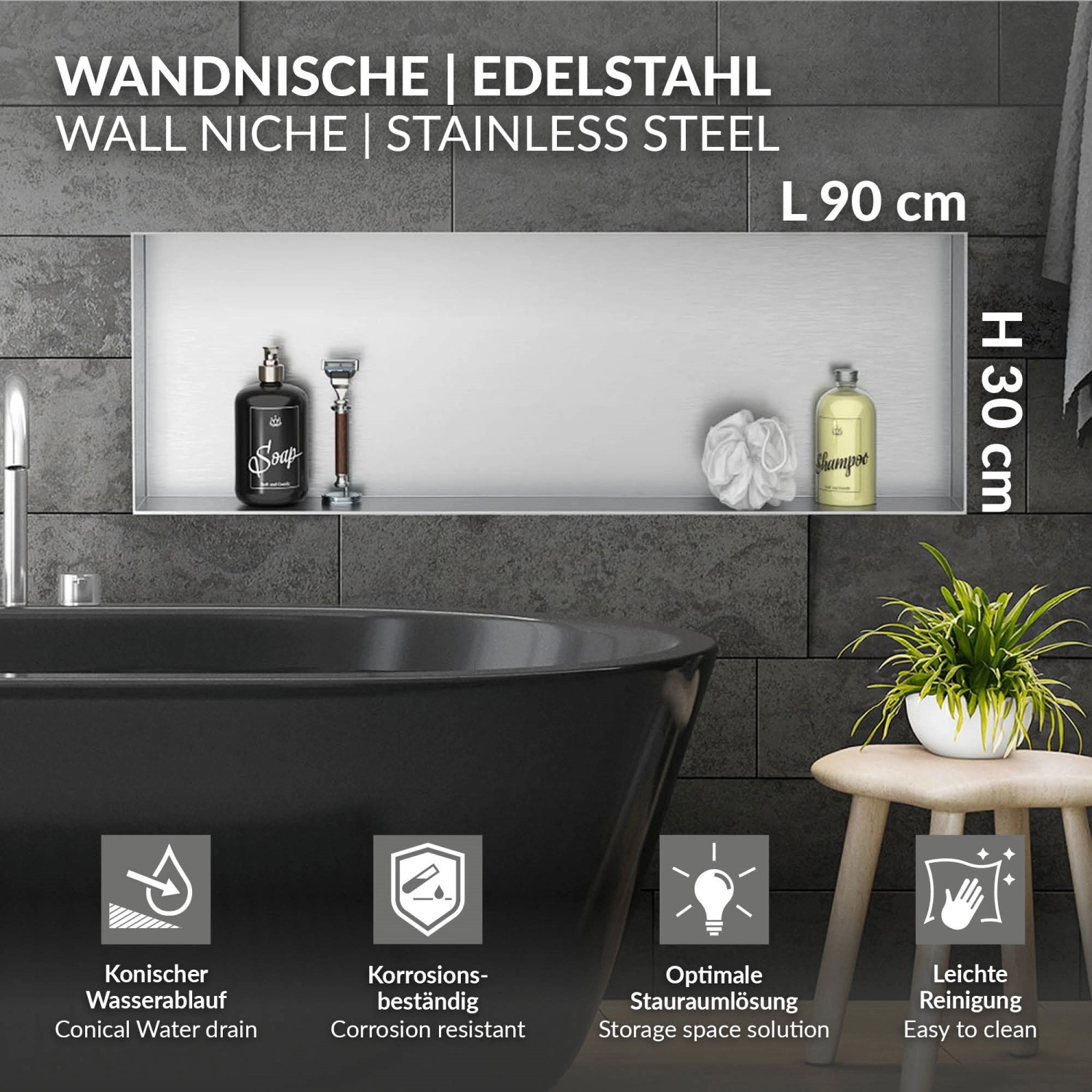 LuxeBath Wandnische, 90x30x10 cm, Edelstahl, silber. Duschregal für Bad, Einbauregal.