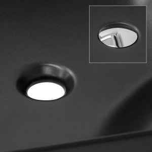 Detailaufnahme: Schwarzes ML-Design Keramik Waschbecken mit abgerundeten Ecken und Ablauf.